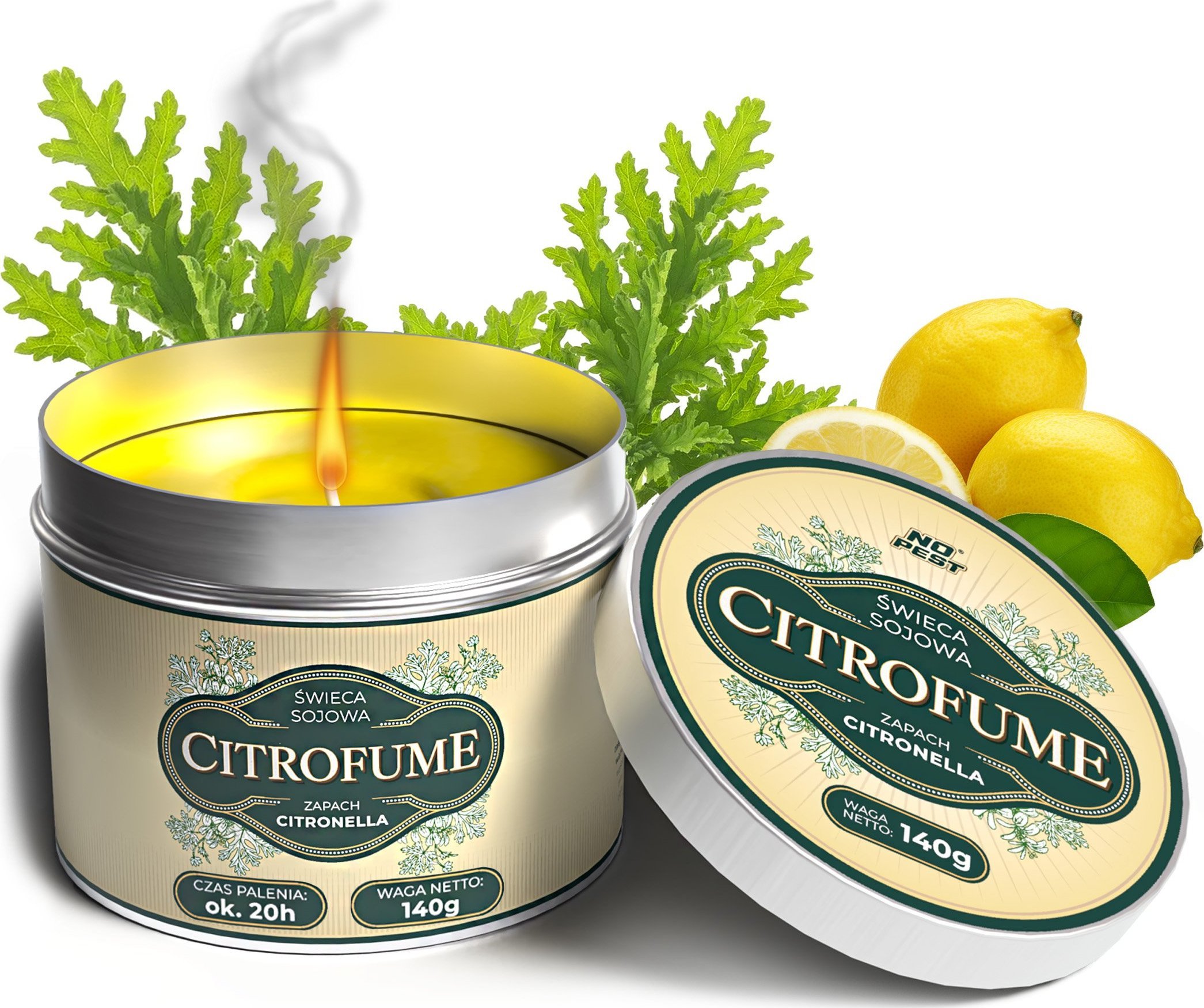 Świeca Zapachowa Sojowa 140g z Olejkiem Citronella 3% o Zapachu Świeżych Cytryn 20H palenia "Citrofume"
