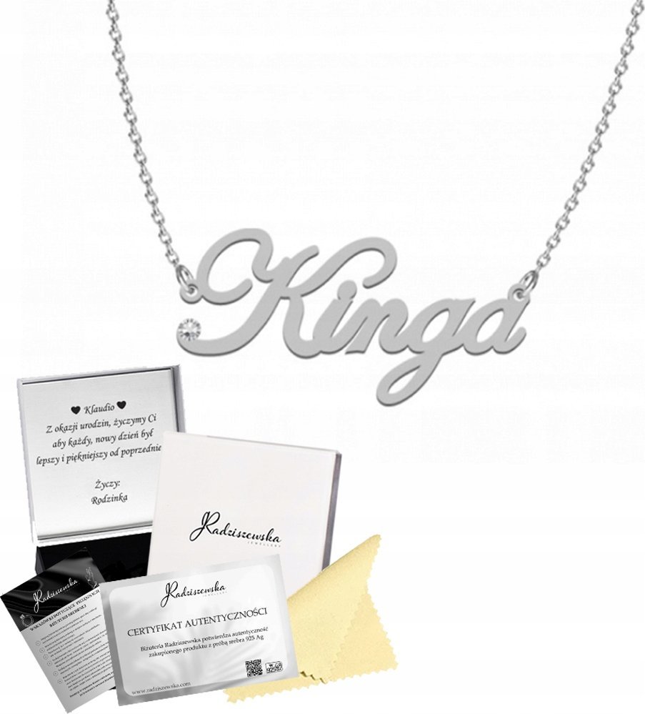 Radziszewska Jewellery Naszyjnik Srebrny z imieniem Kinga Łańcuszek Srebro 925 Prezent DEDYKACJA