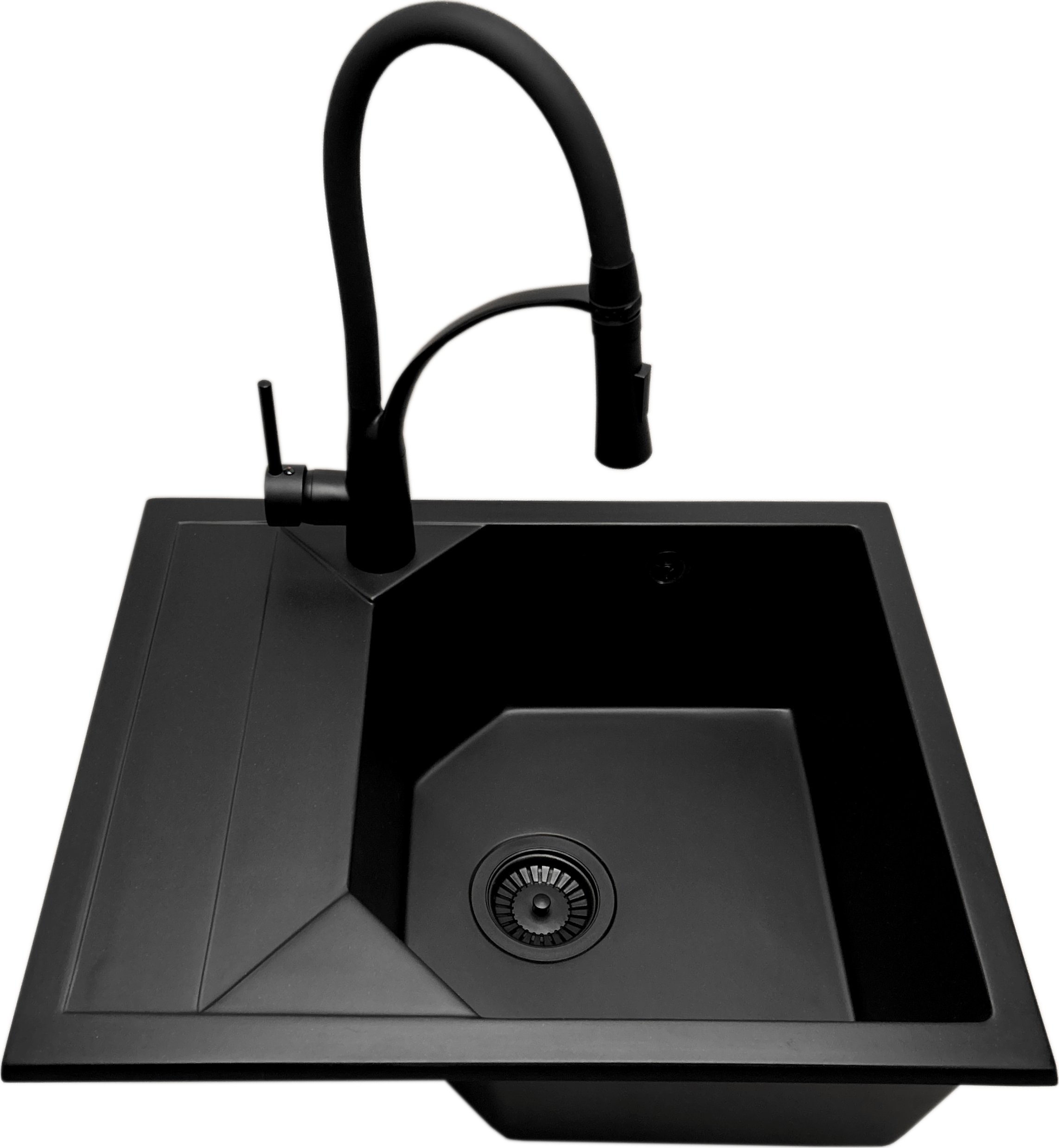 Zlewozmywak PREHNIT Zlewozmywak jednokomorowy z ociekaczem POLLO czarny z lewym ociekaczem + bateria nexo