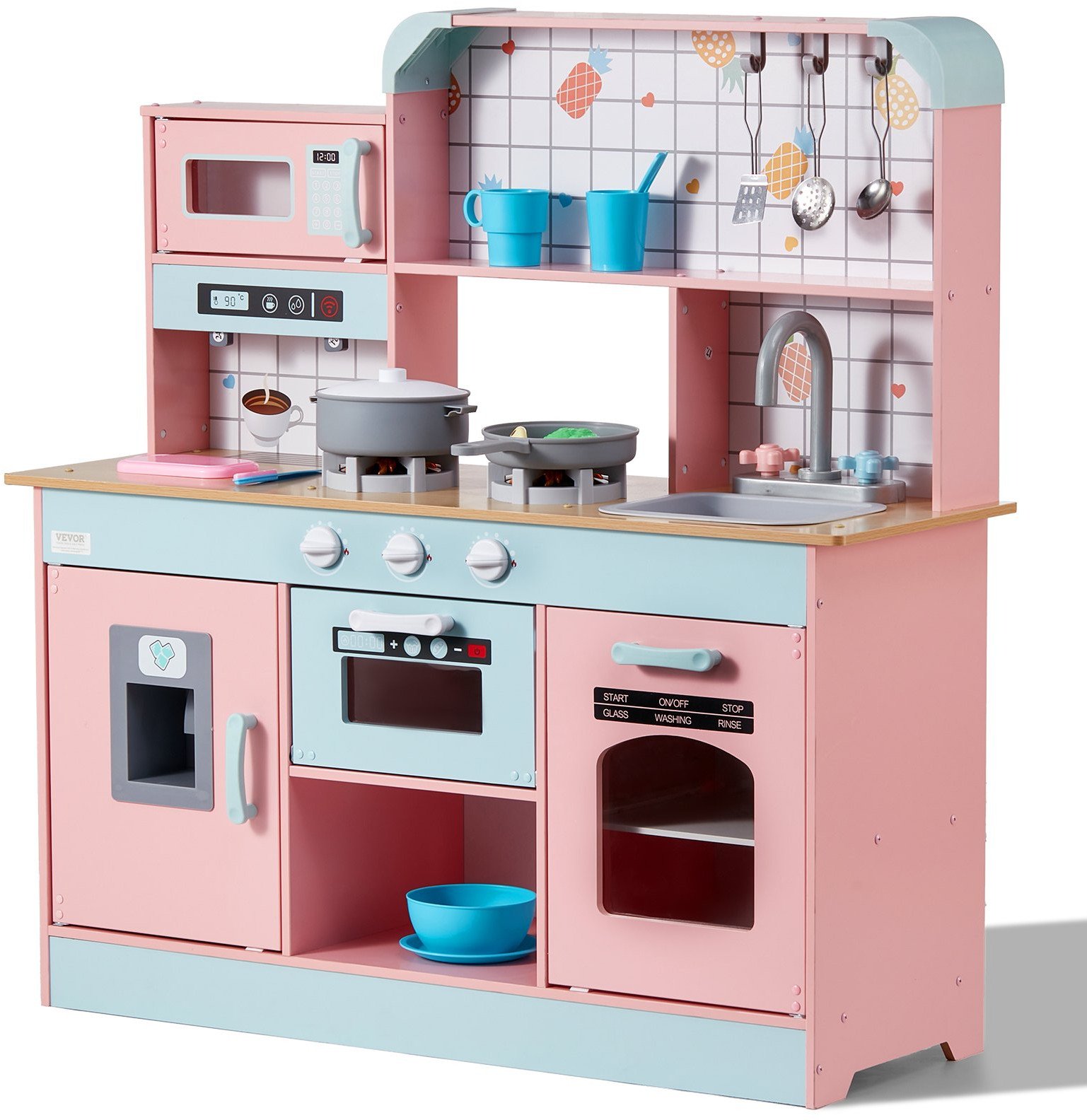 Kuchnia Zabawkowa Drewniana dla Dzieci z 24 Akcesoriami Różowa