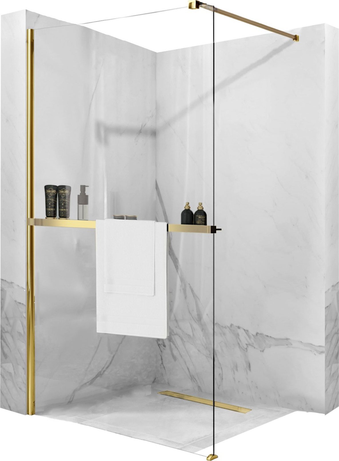 Rea Ścianka prysznicowa Rea Aero Złota N 80 Walk In z półką i wieszakiem Evo