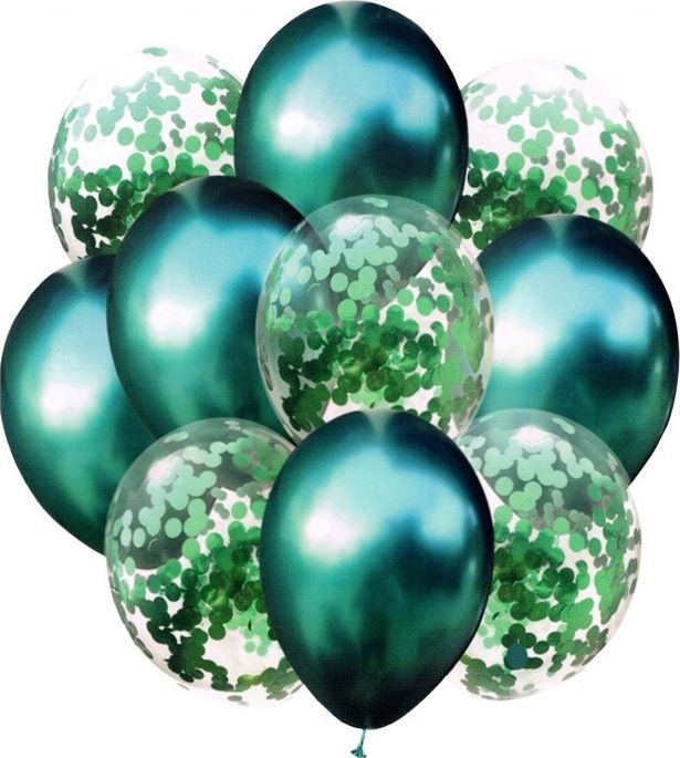 Balony metaliczne + konfetti 10szt 33cm zieleń