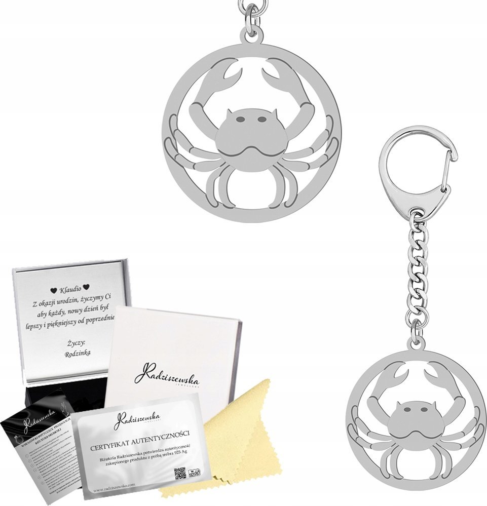 Radziszewska Jewellery BRELOK ZE ZNAKIEM ZODIAKU RAK SREBRO 925 PREZENT GADŻET GRAWER