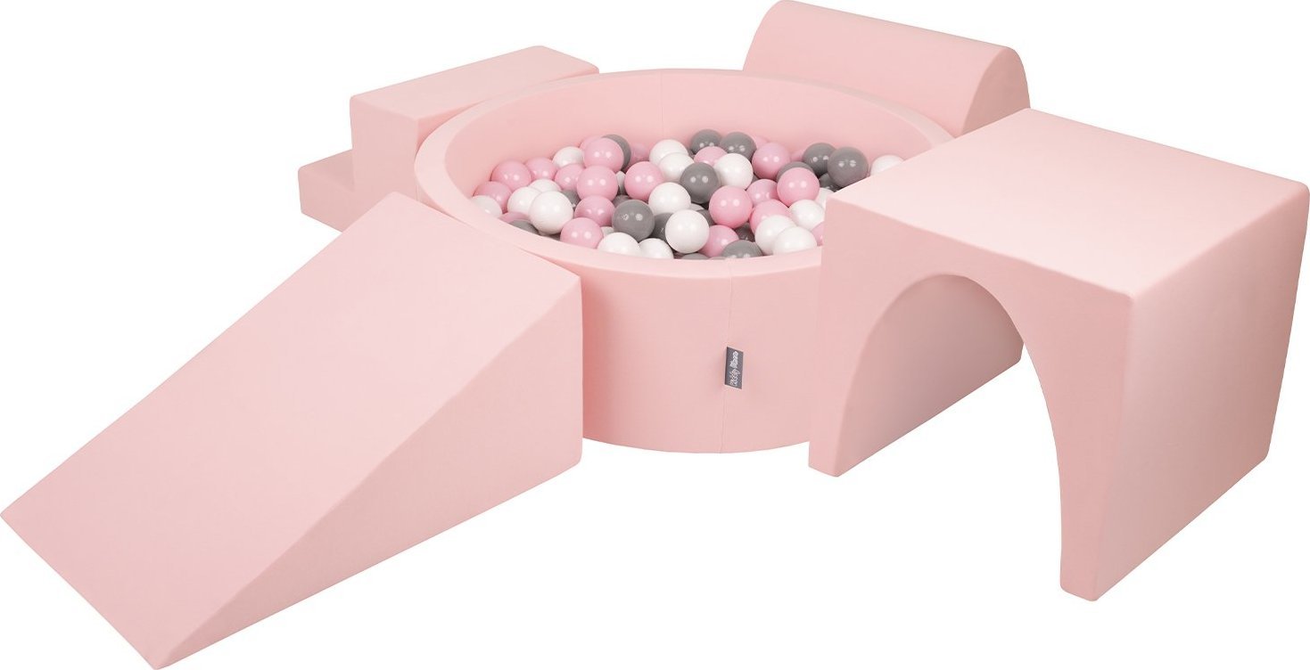 KiddyMoon KiddyMoon Piankowy plac zabaw PPZP-OK30D-125 z piłeczkami różowy: biały-szary-pudrowy róż basen 200/klin L/górka/tunel/schodek Zabawka plac