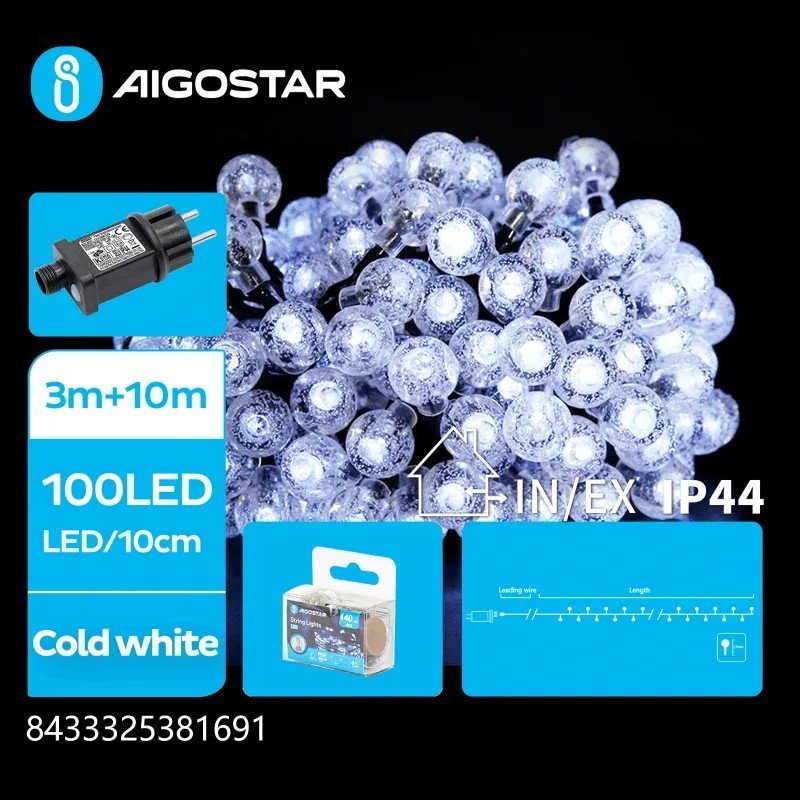 Lampki choinkowe Aigostar Niskonapięciowe lampki choinkowe kryształowe kulki 100led Zimne 10m+3m Niskonapięciowe lampki choinkowe kryształowe kulki 1