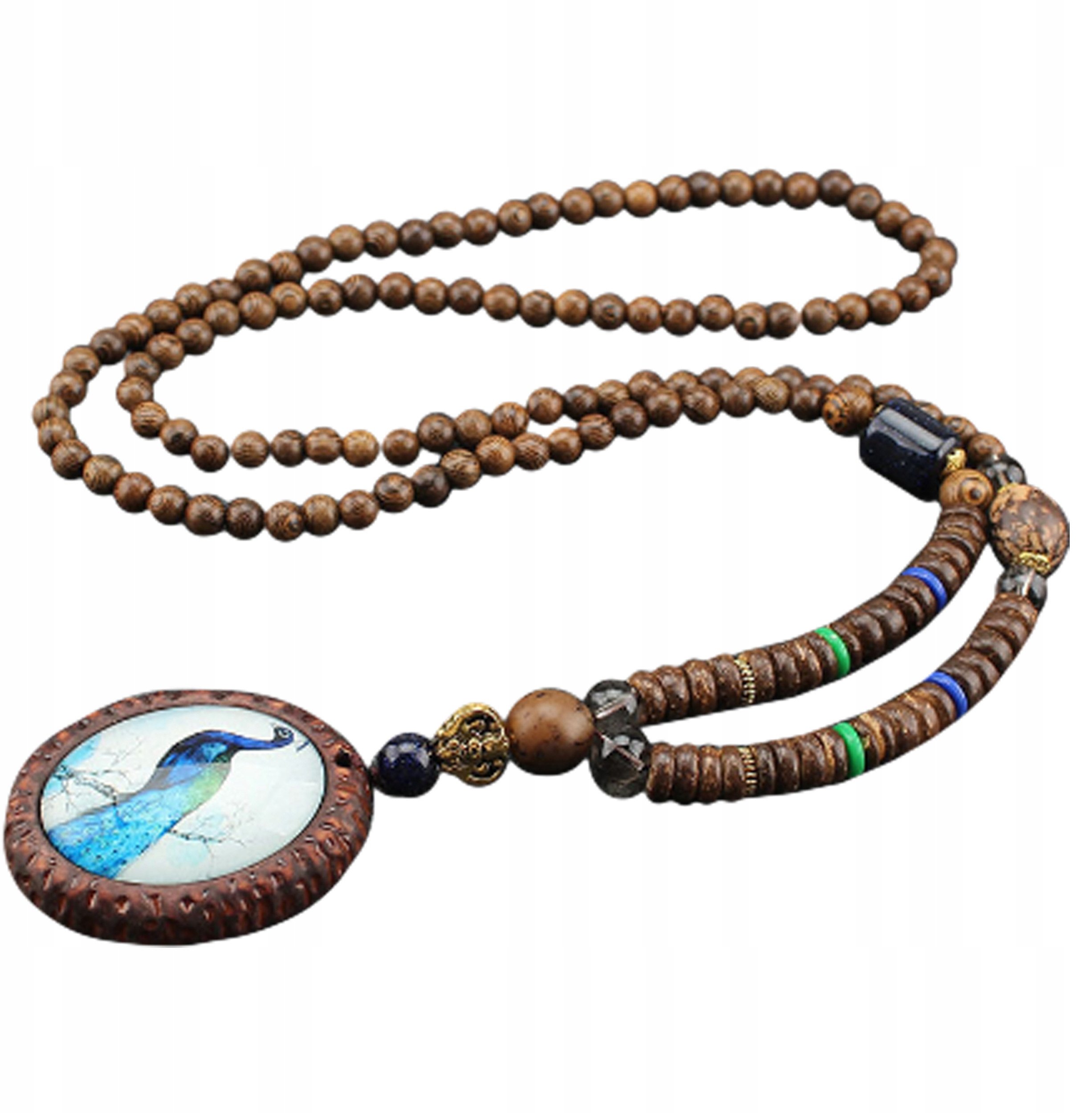 Naszyjnik Drewniany NEPAL BUDDYJSKI MALA Tybetański Amulet RĘCZNIE WYKONANY