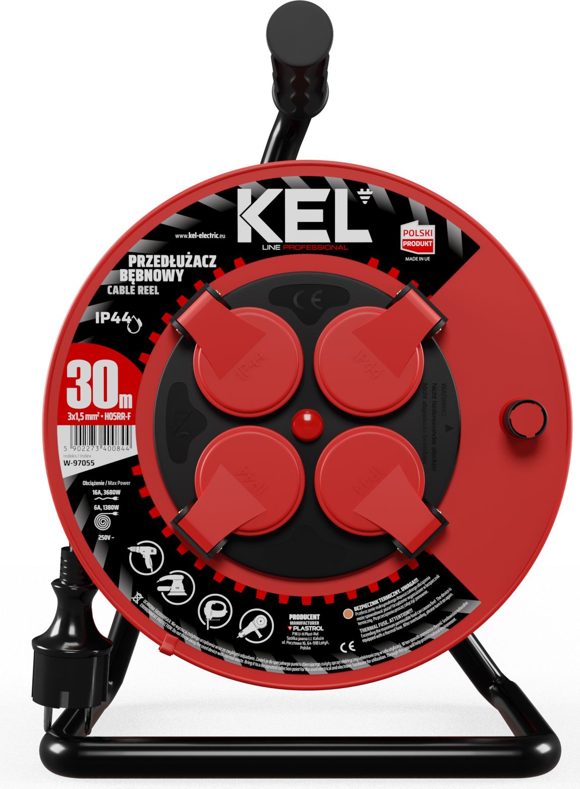 Plastrol Przedłużacz bębnowy PROFESSIONAL LINE; 4x2p+Z; IP44; 16A; H05RR-F; 3x1,5; 30m; czarny (W-97055)