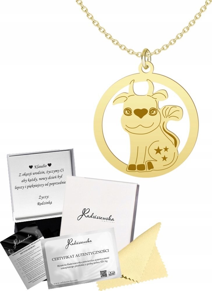 Radziszewska Jewellery Złoty Naszyjnik Krówka Krowa Łańcuszek 925 Grawer Dedykacja Prezent Dziecko