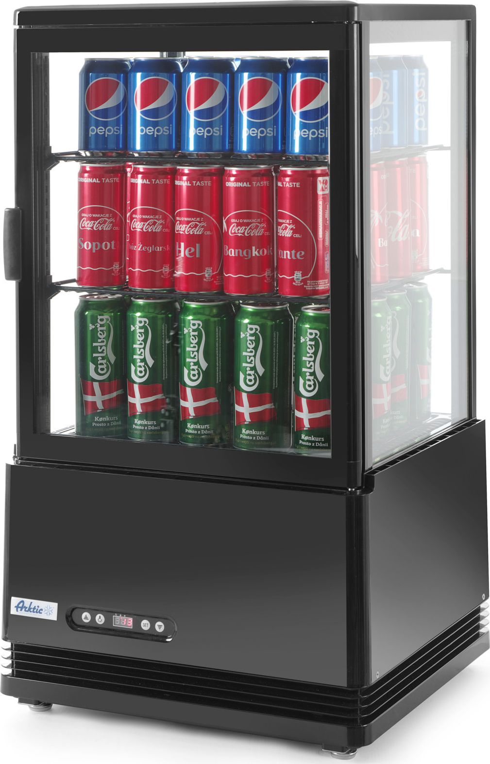 Witryna chłodnicza ARKTIC Witryna chłodnicza przeszklona nastawna 58L 2 półki czarna ARKTIC Hendi 233627 Witryna chłodnicza przeszklona nastawna 58L 2