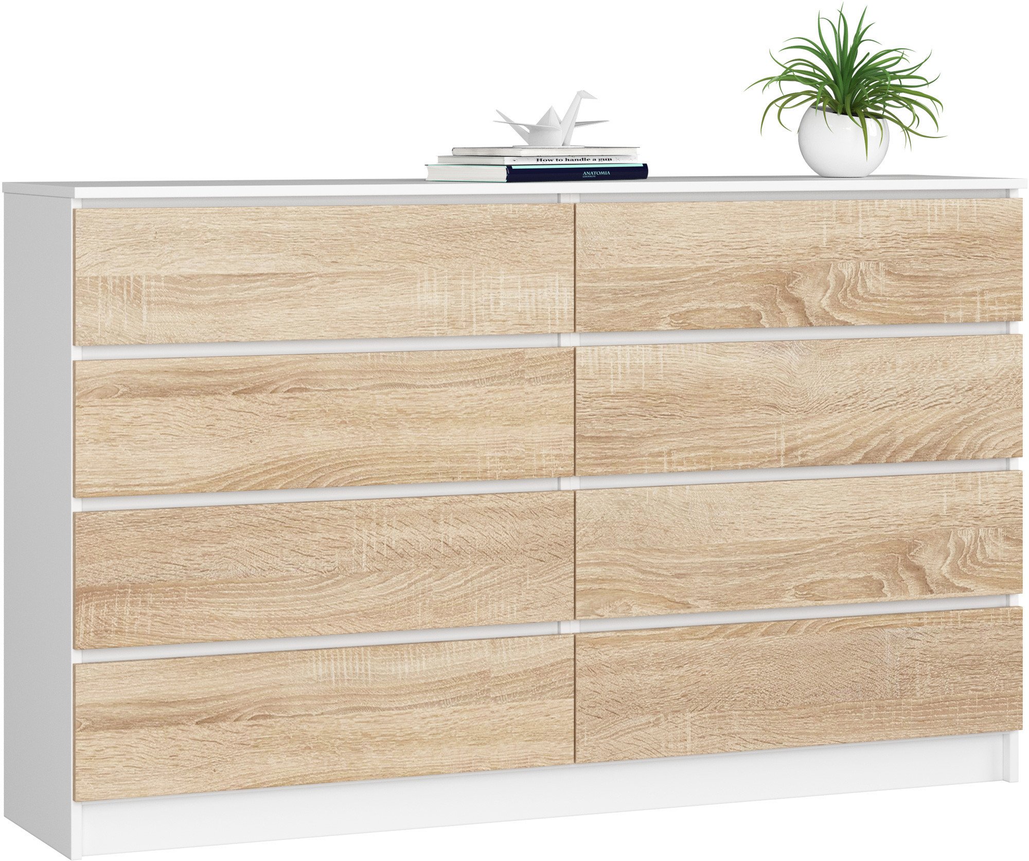 Fabryka Mebli Akord Komoda do salonu K 160 cm 8 szuflad - biała-dąb sonoma