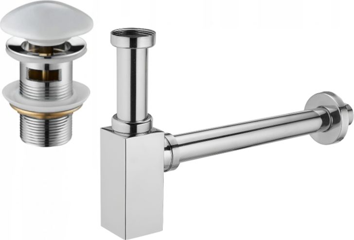 Syfon Mexen Mexen półsyfon umywalkowy kwadratowy z korkiem ceramicznym klik-klak, z przelewem, chrom/biały - 7992060-02
