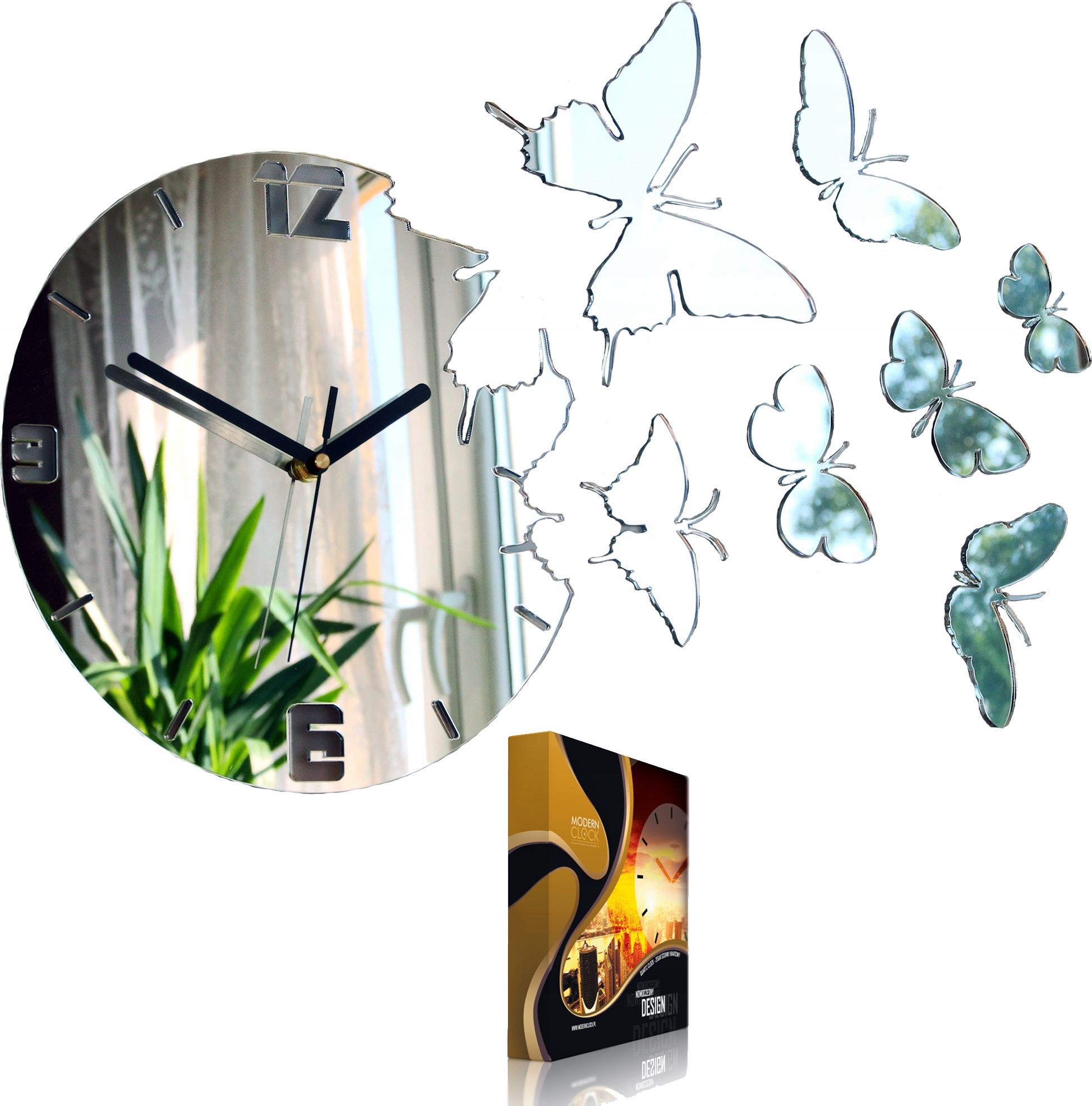 ModernClock Zegar MOTYLE - SREBRNE LUSTRO PIĘKNY STYL - CICHY