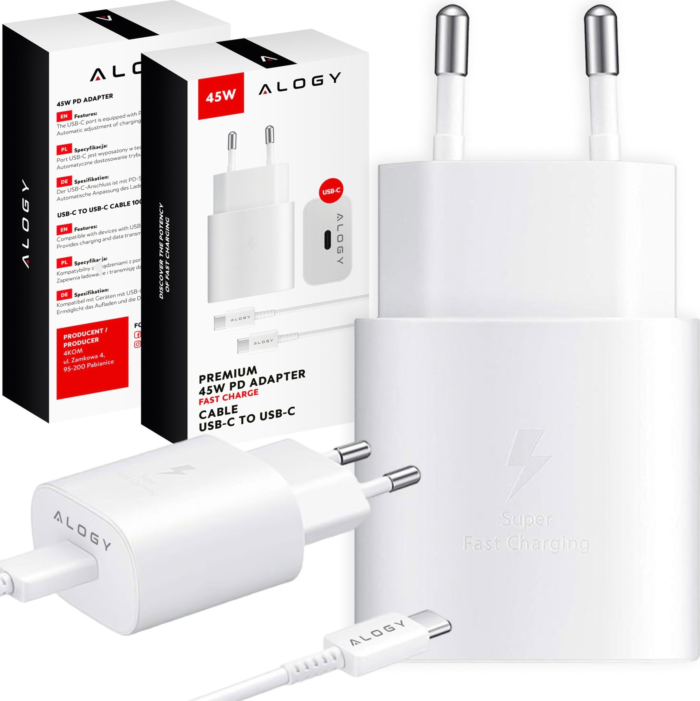 Ładowarka Alogy Ładowarka sieciowa USB-C typ C PD Premium szybka 45W 3A + Kabel Type-C 1M Biała