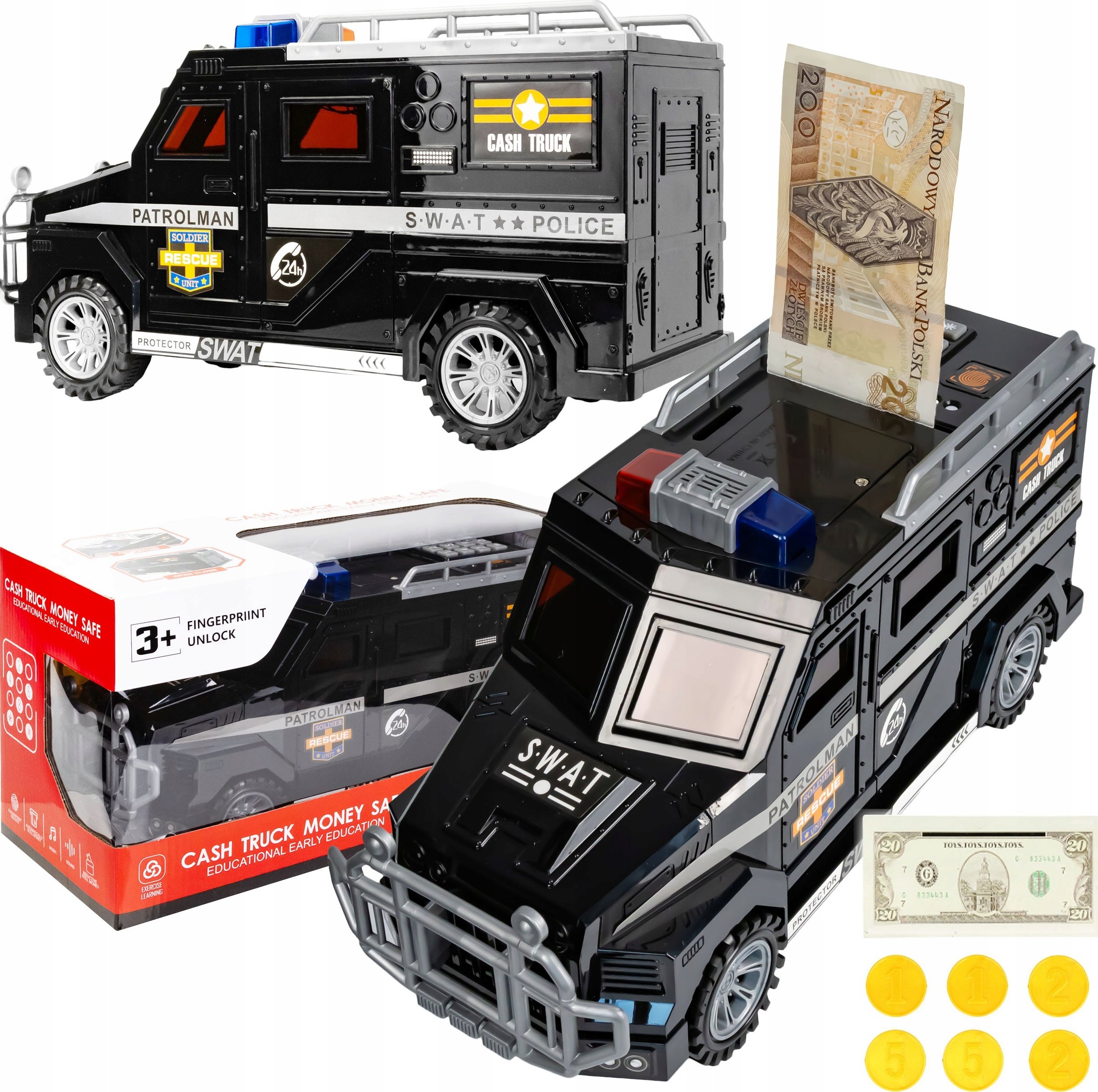 Skarbonka Sejf Dla Dzieci Policja Auto Na Monety Banknoty Hasło Pin Led