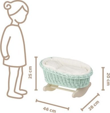 WickerPL Bujane miętowe ŁÓŻECZKO KOŁYSKA Z WIKLINY DLA LALEK Z POŚCIELĄ 46X28 H 20/25 CM