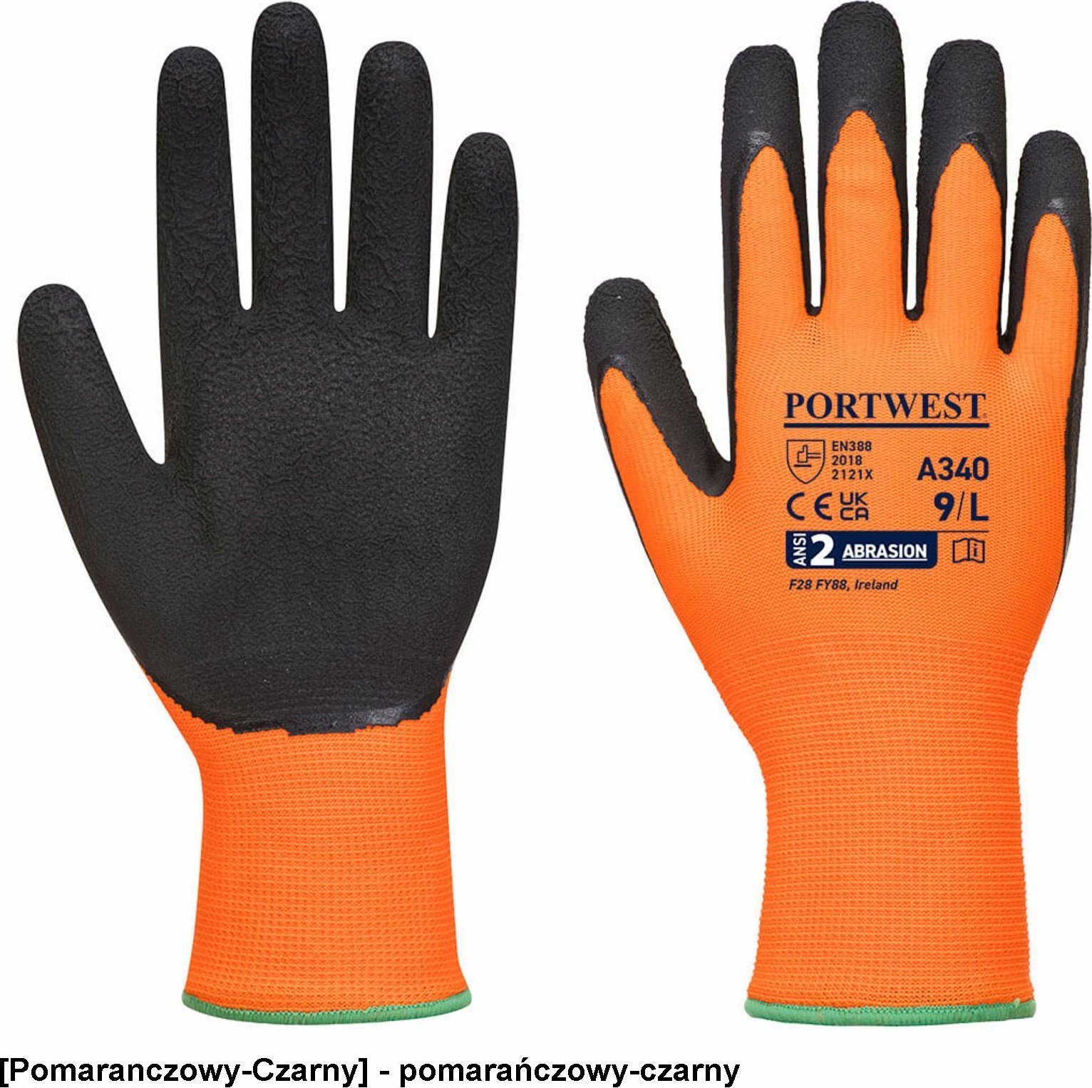 Portwest A340 - Rękawica ostrzegawcza lateksowa Grip - pomarańczowy-czarny L