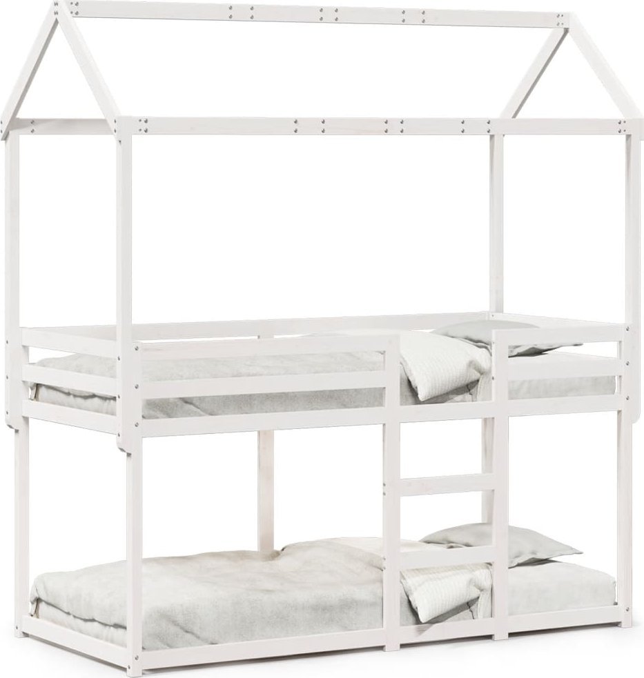 Łóżko z piętrem i daszkiem, białe, 90x200 cm, drewno sosnowe