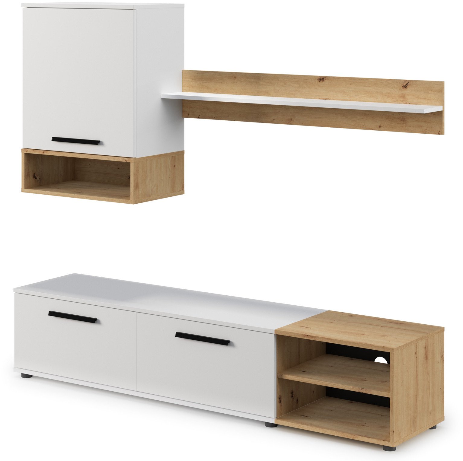 Meblościanka Vento 180 cm biały mat i dąb artisan, nowoczesny zestaw mebli RTV do salonu