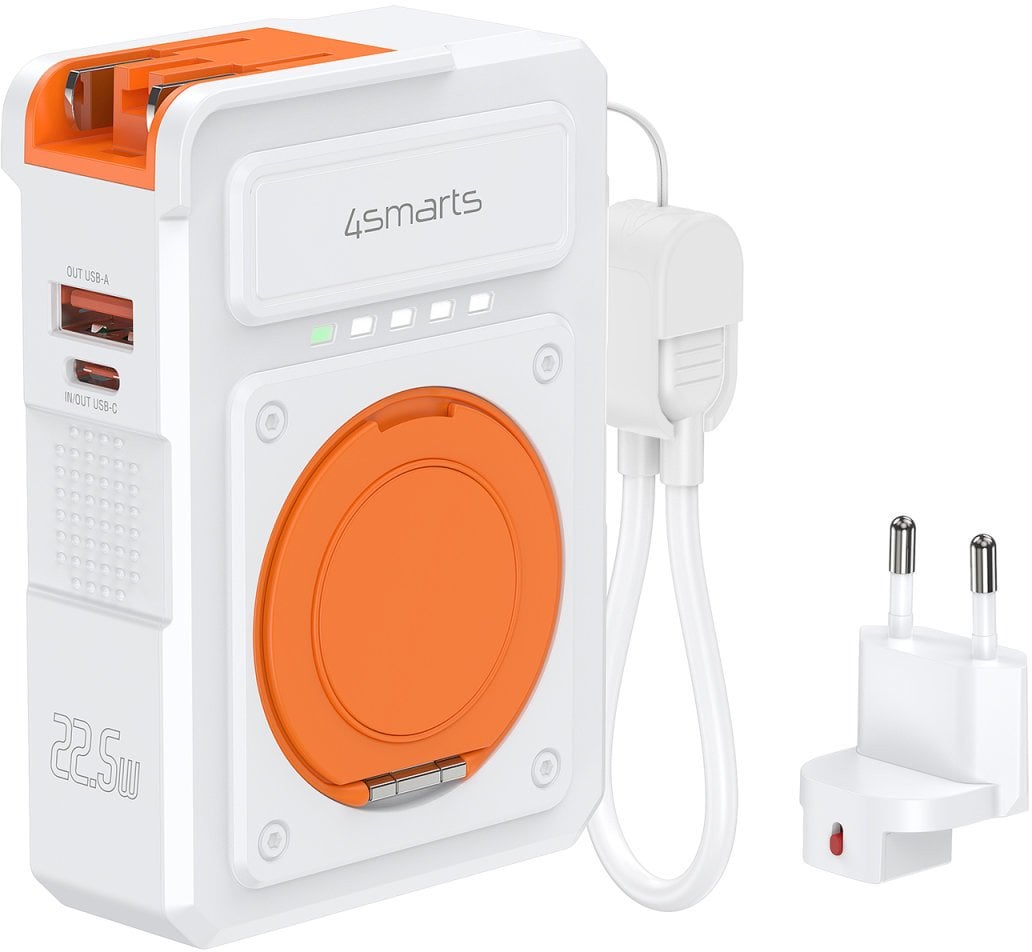 Ładowarka hybrydowa 4smarts 6w1 USB-C/USB-A PD 22.5W z powerbankiem 10 000 mAh, ładowanie indukcyjne Qi, kabel USB-C, biały
