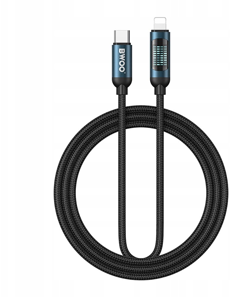 BWOO kabel USB-C - USB-C 1m 60W z wyświetlaczem led, pleciony czarny