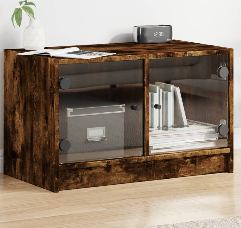 vidaXL Szafka TV ze szklanymi drzwiami, przydymiony dąb, 68x37x42 cm