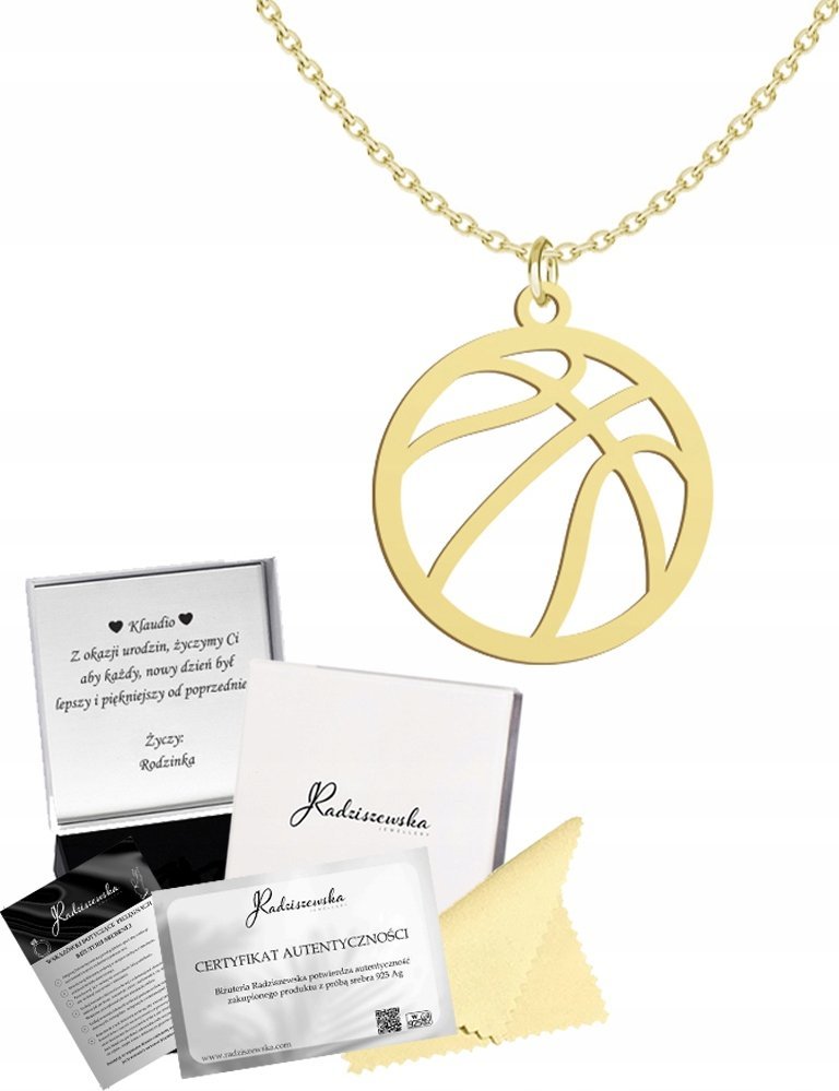 Radziszewska Jewellery Złoty Naszyjnik Piłka do Koszykówki Łańcuszek SREBRO 925 ŻYCZENIA GRATIS