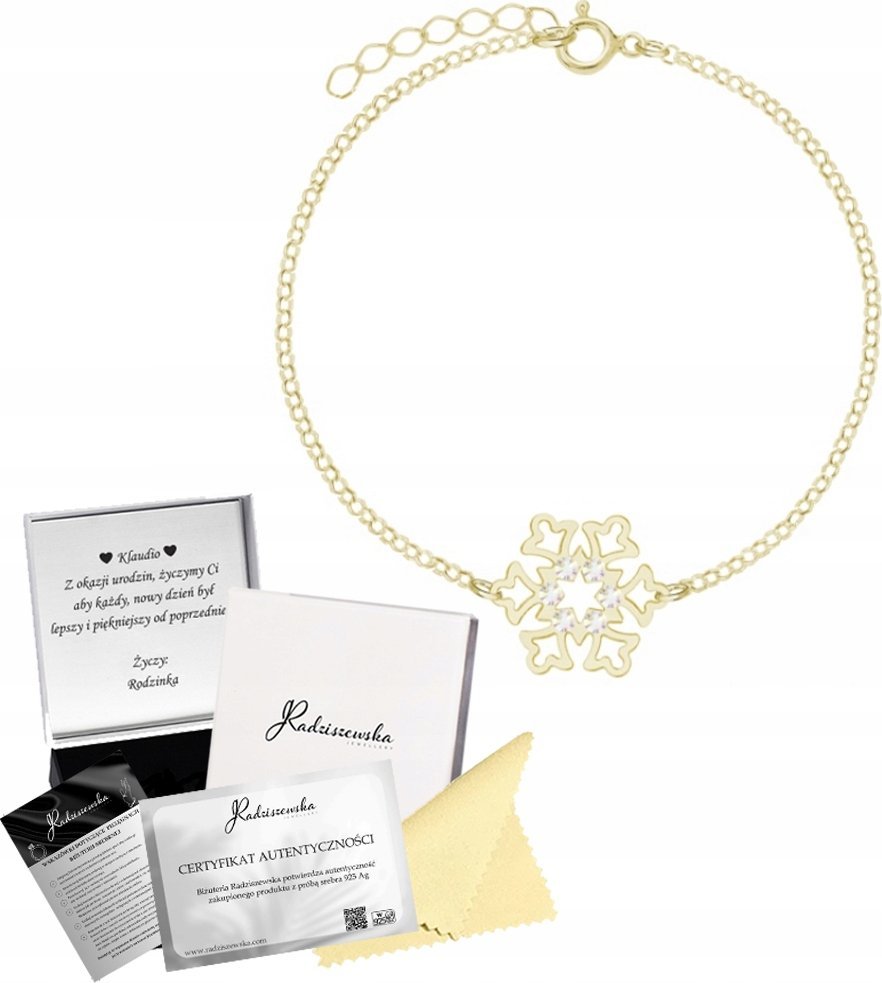 Radziszewska Jewellery Bransoletka Złota z Płatkiem Śniegu Boże Narodzenie 925 ŻYCZENIA GRATIS