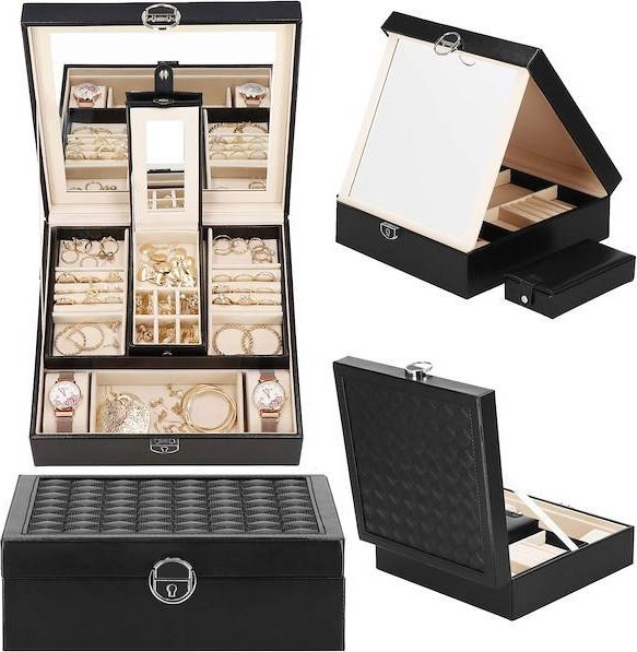 Springos Szkatułka na biżuterię ekoskóra 25 x 25 x 8,5 cm czarny organizer z przegródkami i lusterkiem UNIWERSALNY