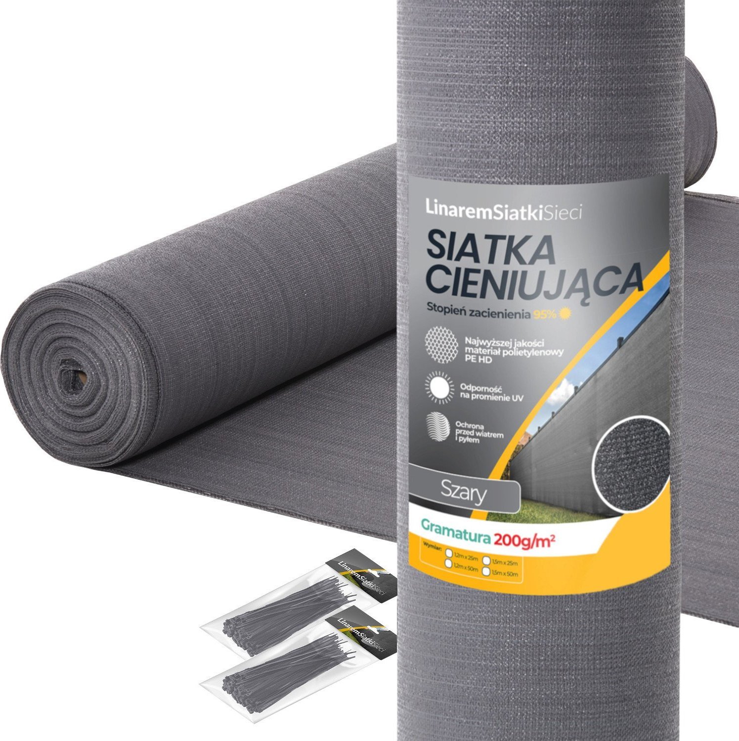 Linarem SiatkiSieci SIATKA CIENIUJĄCA 95% MASKUJĄCA 1,8x50m OSŁONA NA PŁOT OGRODZENIE SZARA +UV
