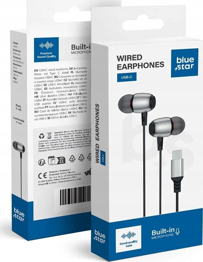 BLUE STAR słuchawki przewodowe Typ C z mikrofonem M09C 1,2 m czarne