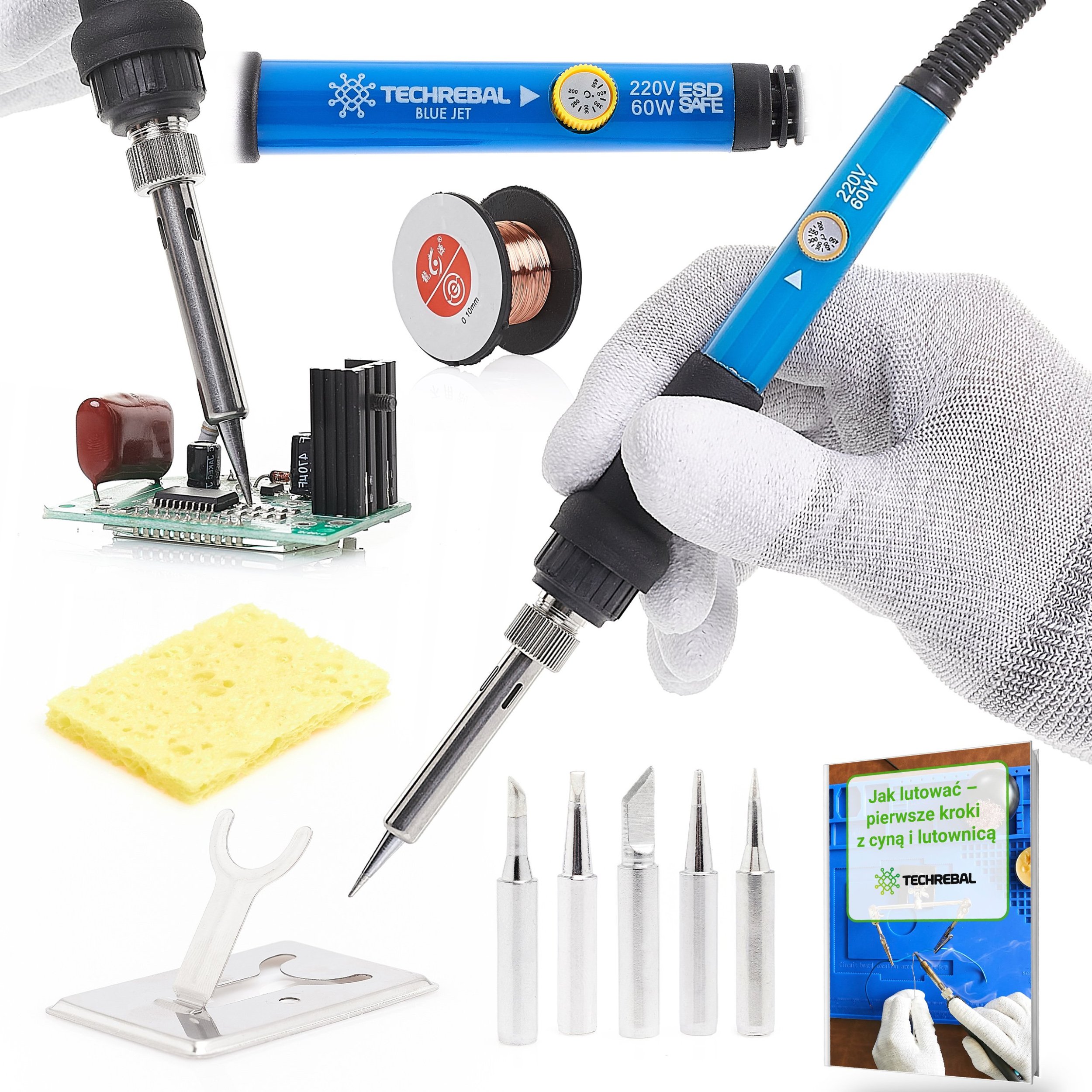 Zestaw Lutownica Precyzyjna Regulacja 60W 5x Groty 900M Podstawka Gąbka Drut