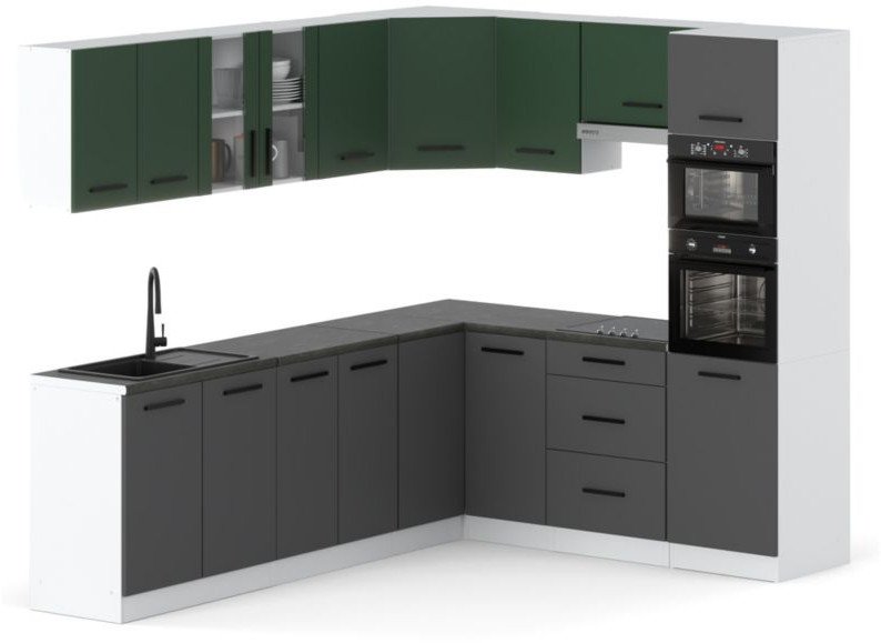 Kuchnia Marra Narożna Z Blatem Duża 4.6m Biała Szara Mat Butelkowa Zieleń