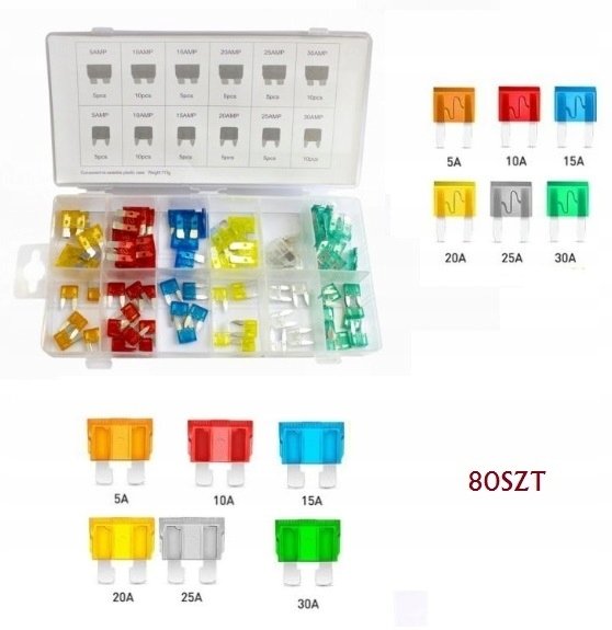 BEZPIECZNIKI SAMOCHODOWE ZESTAW MINI 5A-30A 80 SZT