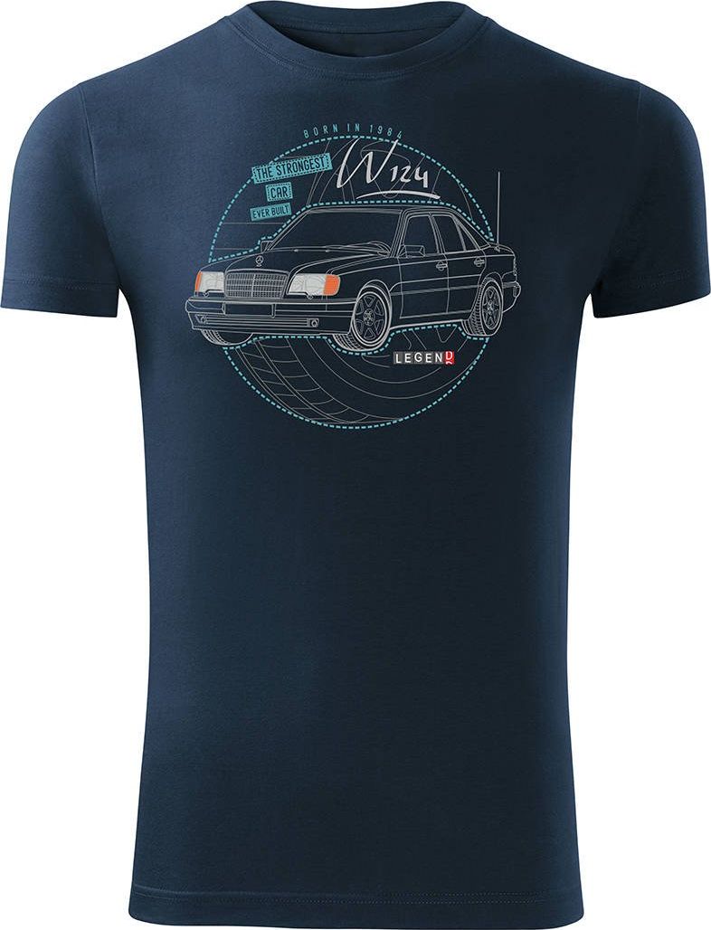 Topslang Koszulka motoryzacyjna z samochodem Mercedes E W124 męska granatowa SLIM M