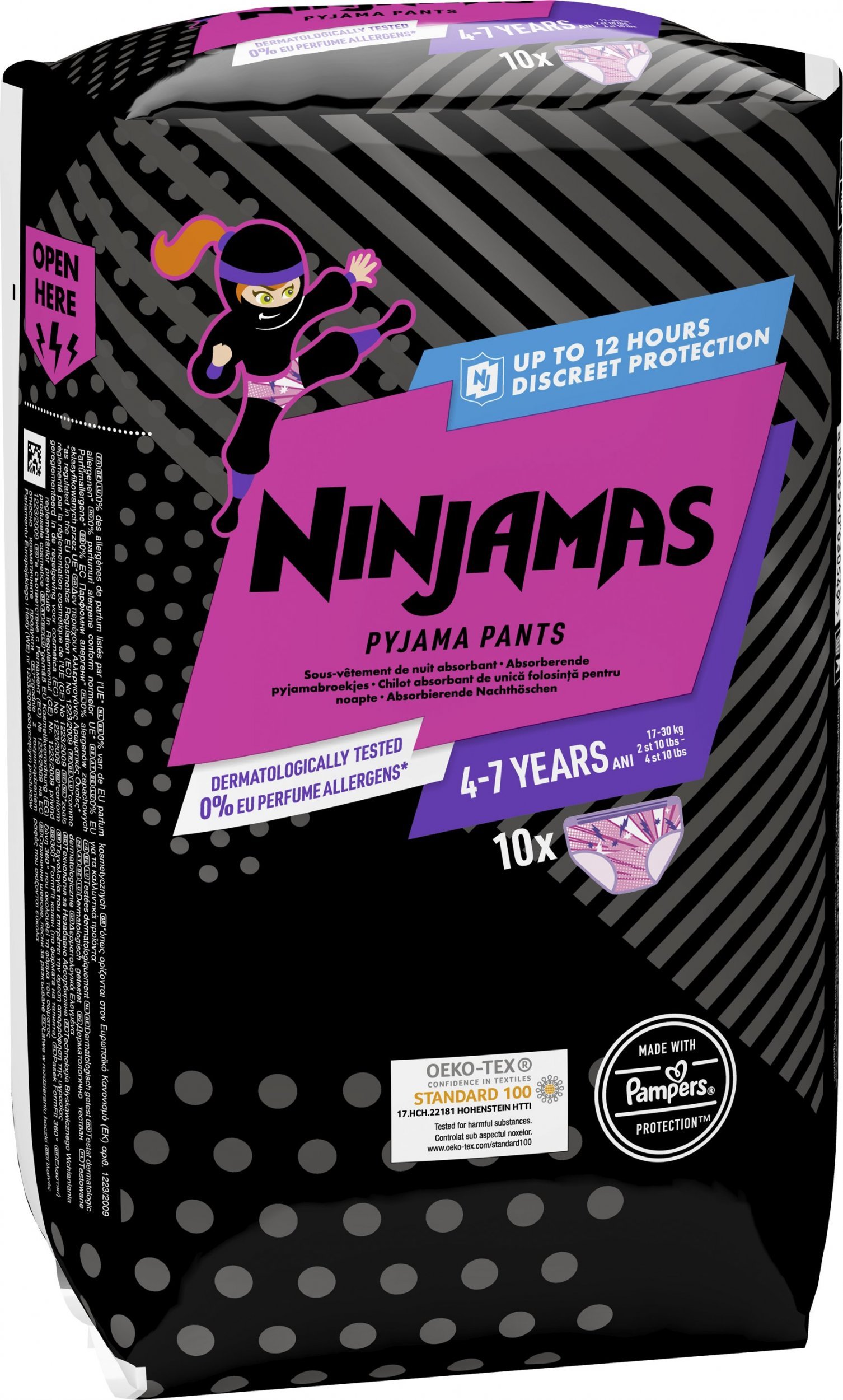 Pampers NINJAMAS Pieluchomajtki na noc dla dziewczynek 4-7 lat (17-30 kg), 10 szt.