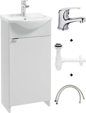 Deftrans Szafka łazienkowa z umywalką 40 stojąca biała z syfonem i baterią chrom Kredo