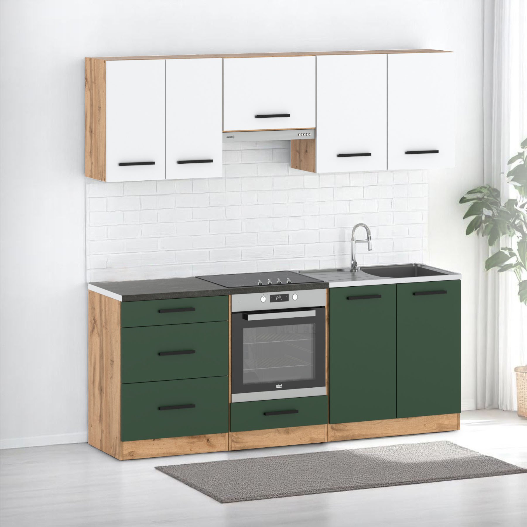 Meble Kuchenne Modułowe Nowoczesne Blat 2.0m Wotan Biały Butelkowa Zieleń