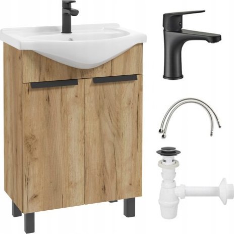 Deftrans Zestaw szafka łazienkowa dąb craft z umywalką bateria syfon 85x60x30 cm Lily