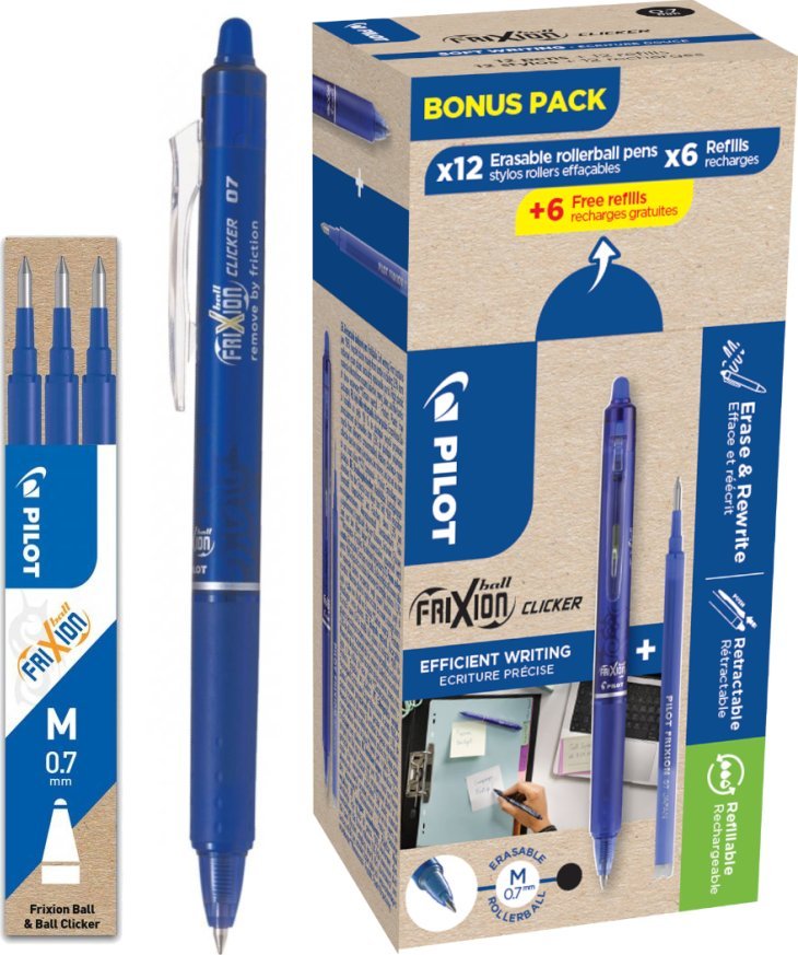 Pilot Pióro Kulkowe Frixion Clicker Niebieski 12 Sztuk + Wkład Frixion Niebieski 12 Sztuk