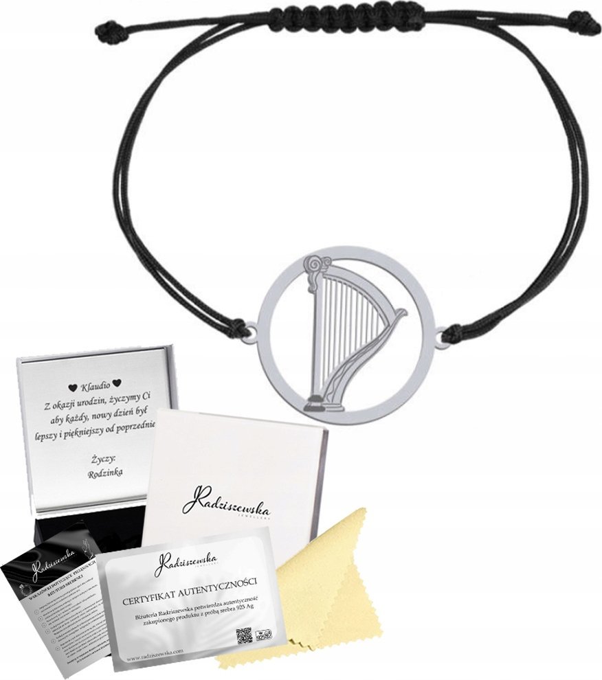 Radziszewska Jewellery Bransoletka Harfa Srebro 925 Sznurek Prezent Biżuteria GRAWER GRATIS