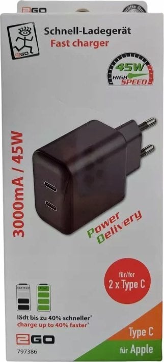 Ładowarka 2GO 2GO Netz-Ladegerät 100V-240V 2x USB Type C 3000mA schwarz