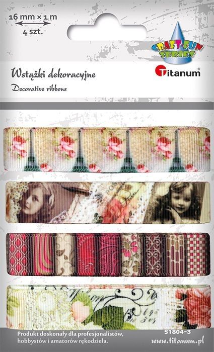 Titanum Wstążki materiałowe TITANUM 4 kol. 16mm 4x1m ptaki, kwiaty vintage Titatnum Kreatywne
