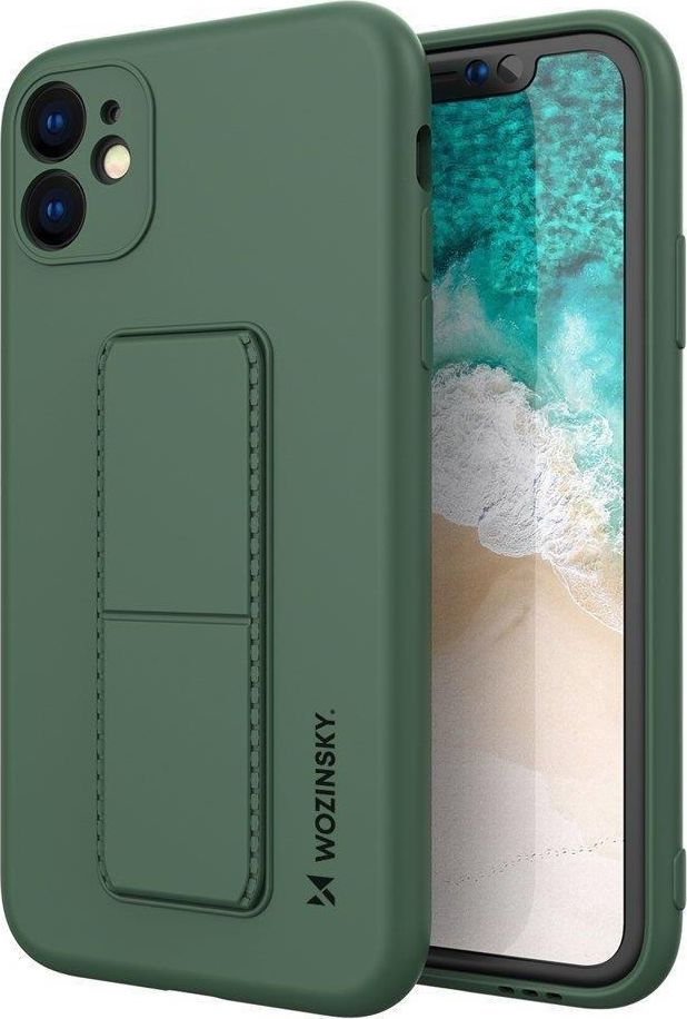 Wozinsky Kickstand Case elastyczne silikonowe etui z podstawką Samsung Galaxy A22 4G ciemnozielony
