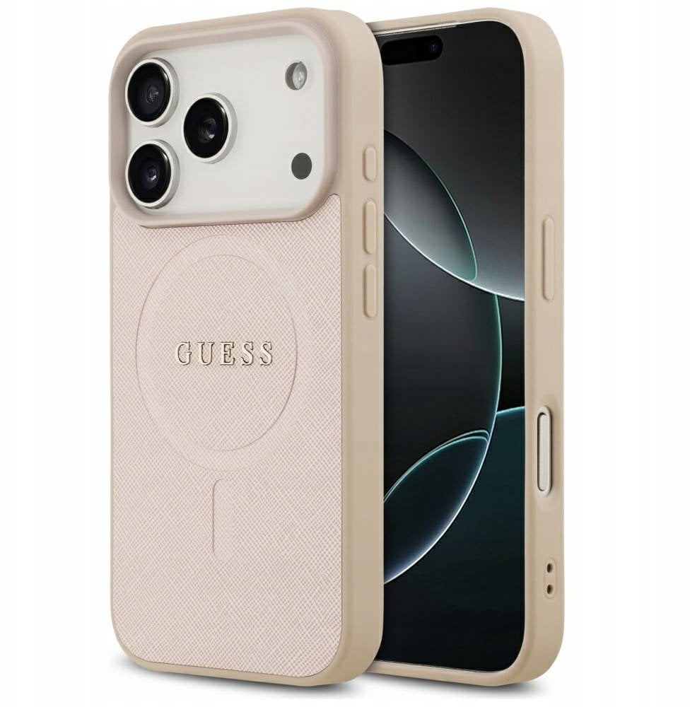 Guess Etui Saffiano Classic Logo MagSafe do iPhone 17 Pro różowy