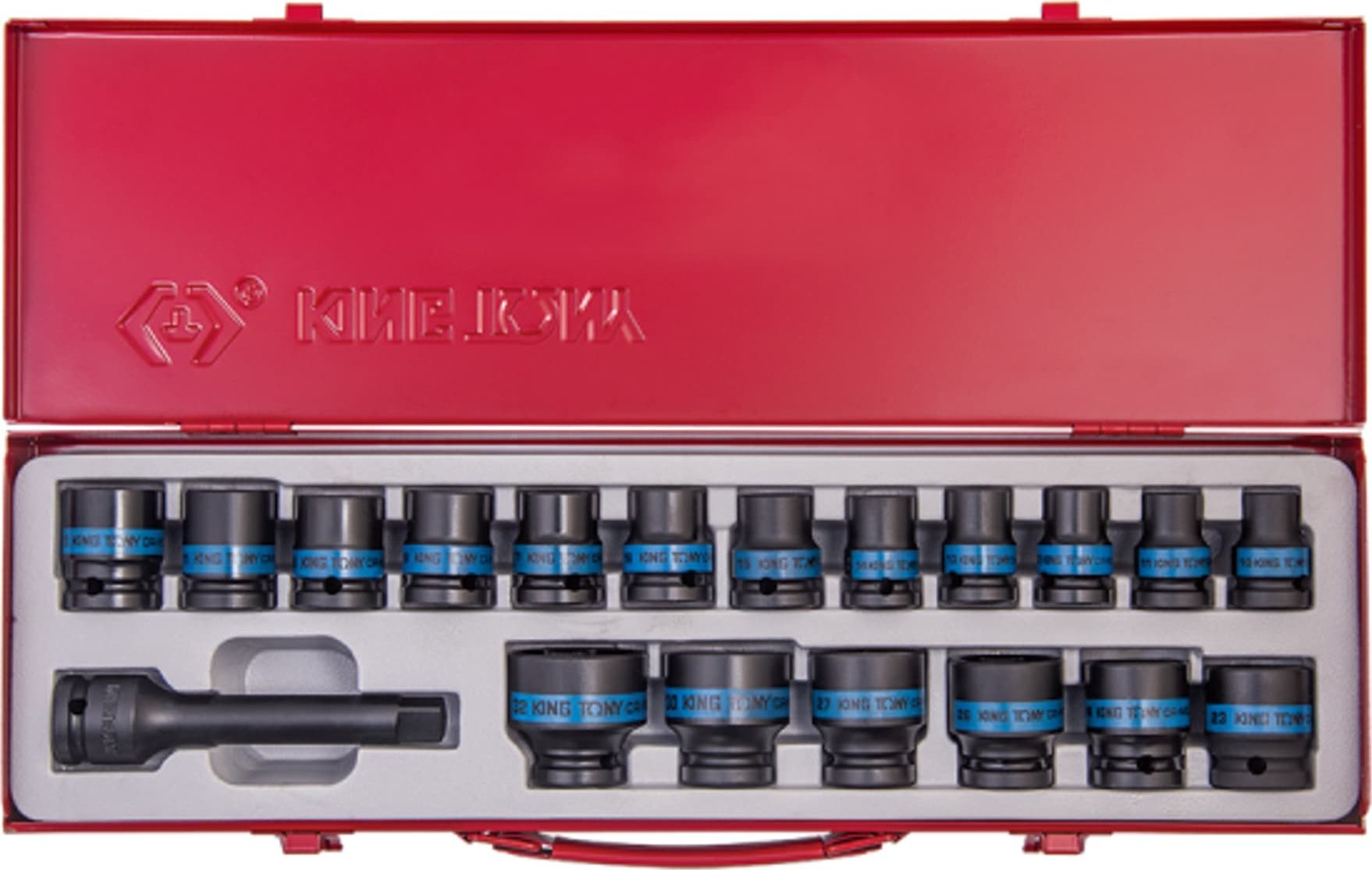 King Tony ZESTAW NASADEK UDAROWYCH 1/2" 19cz. KRÓTKIE 6-kąt. 10 - 32mm + PRZEDŁUŻKA 4260-05P, KASETA King Tony