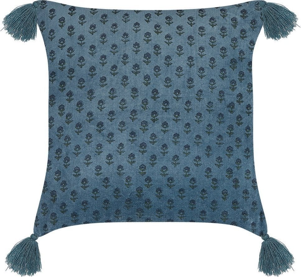 Beliani Welurowa poduszka dekoracyjna z frędzlami roślinny motyw 45 x 45 cm ciemnoniebieska RIBES!