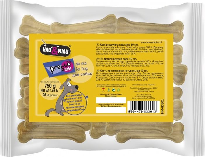 Hau&Miau KOŚĆ PRASOWANA NATURALNA, 10cm, 25szt/op, 750 g/op