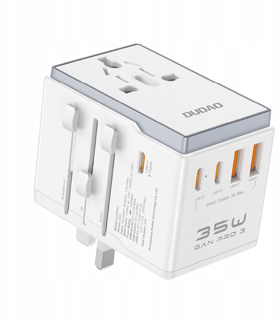 Dudao Adapter podróżny A35Pro 35W EU / UK / AUS / US / JP 3x USB-C 2x USB-A - white