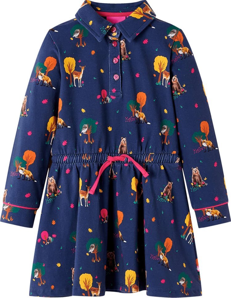 vidaXL Sukienka dziecięca, długie rękawy i sznurek, zwierzątka, granatowa 128