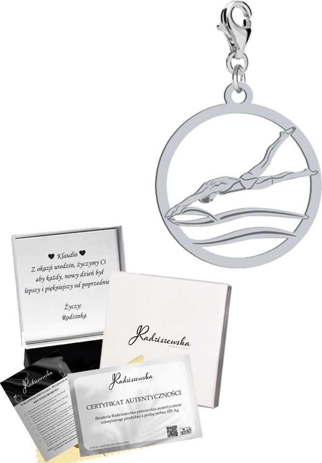 Radziszewska Jewellery Charms Srebrny Pływak Pływanie Karabińczyk Prezent 925 DEDYKACJA GRATIS